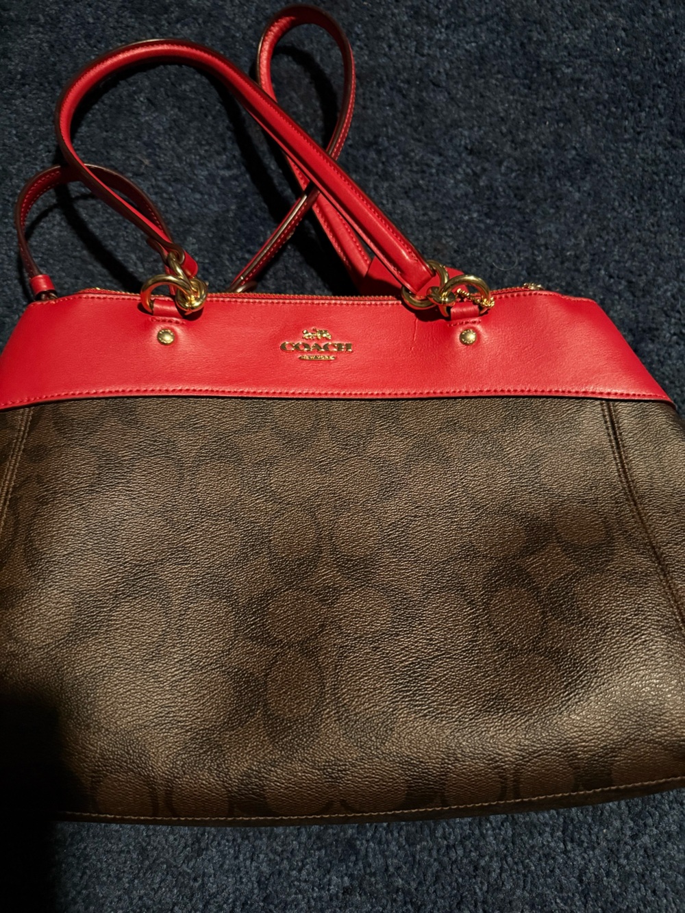Coach Brown Signature Tote with Red Trim